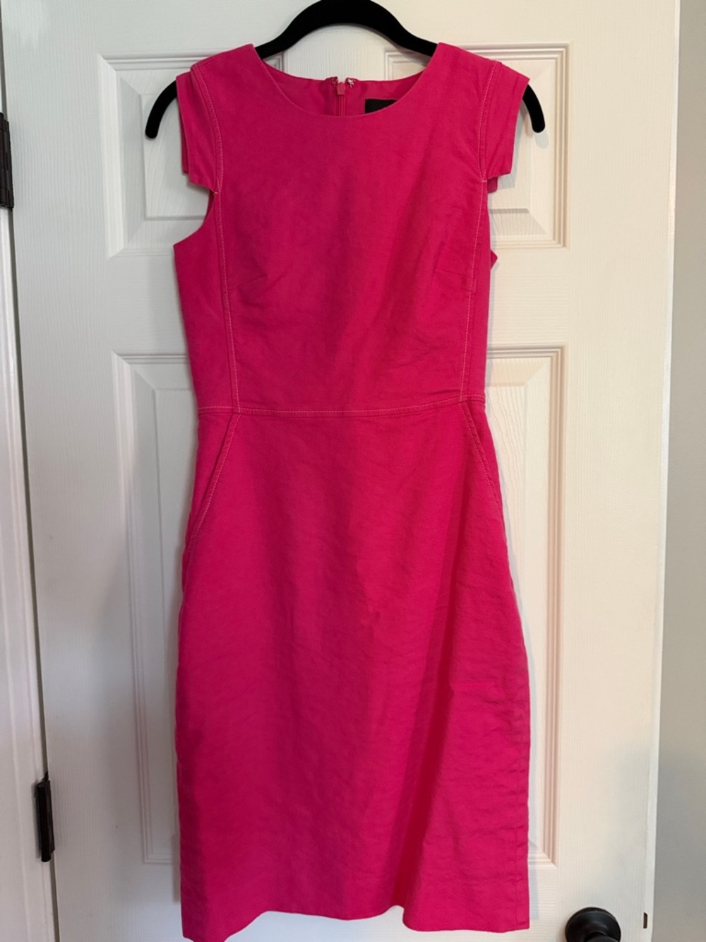 J. Crew Sleeveless Hot Pink Midi Sheath Dress w/ pockets